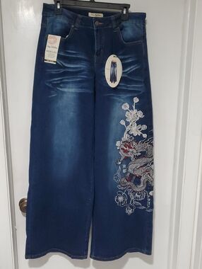Wide Leg Embroidered Dragon Jeans - Blue